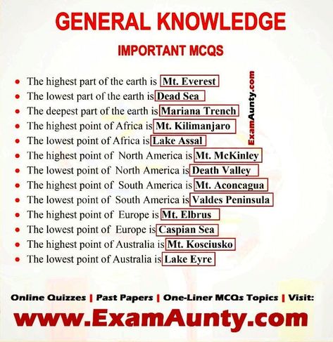 General Knowledge MCQs Gk Knowledge In English, General Knowledge Quiz With Answers, Kids Quiz Questions, Geography Lesson Plans, General Knowledge For Kids, Exam Preparation Tips, Ias Study Material, General Knowledge Questions, History Lesson Plans