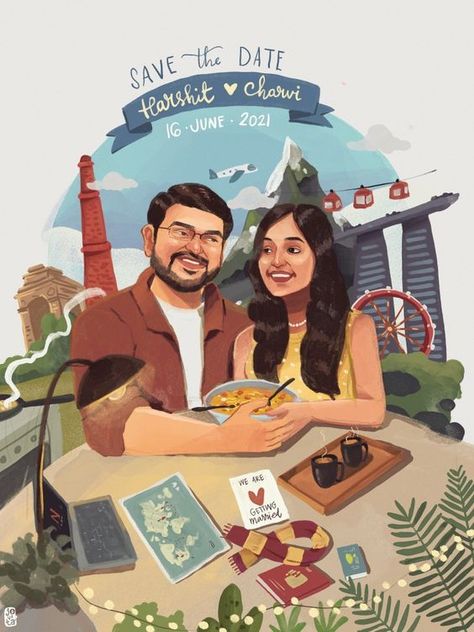 Save The Date Posters, Save The Date Illustrations, Wedding Illustration Card, Couple Illustration Wedding, Caricature Wedding Invitations, Cartoon Wedding Invitations, Wedding Card Design Indian, Indian Wedding Invitation Card Design, Caricature Wedding
