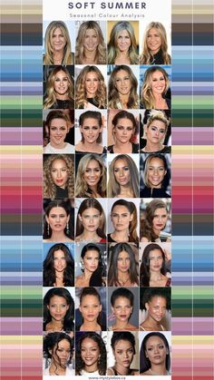 SOFT SUMMER CELEBRITY SEASONAL COLOUR ANALYSIS Cool Summer Color Celebrities, Celebrity Colour Analysis, Summer Season Colour Palette, Soft Summer Color Palette Black Women, Summer Complexion Color Palette, Palette Summer Cool, Soft Shaded Summer, Hair Colour Soft Summer, Seasonal Color Analysis Soft Summer