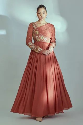 Yoke Designs For Gowns, Types Of Yokes, Ethnic Gown Designs, Reception Indian Outfit, Asymmetrical Anarkali, Gown Designs Indian, Pleated Dress Indian, Ethnic Gowns Indian, Drape Dress Pattern