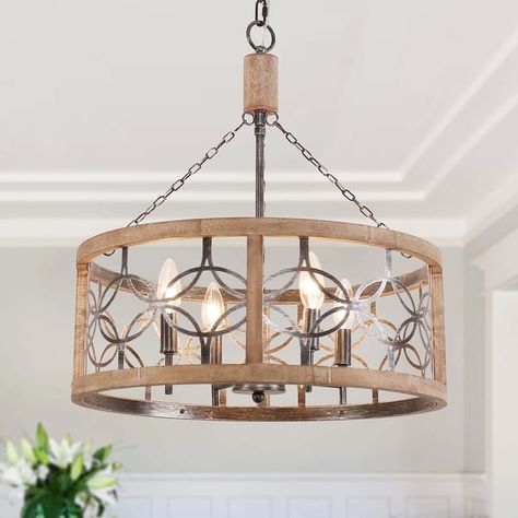 Bella Depot 4-Light Ring Wood Wheel Chandelier Engraved Pattern Pendant Light - On Sale - Bed Bath & Beyond - 36141414 Wood Wheel, Retro Chandelier, Farmhouse Chandeliers, Wheel Chandelier, Entryway Lighting, Wooden Chandelier, Wooden Wheel, Dining Room Light Fixtures, Farmhouse Chandelier