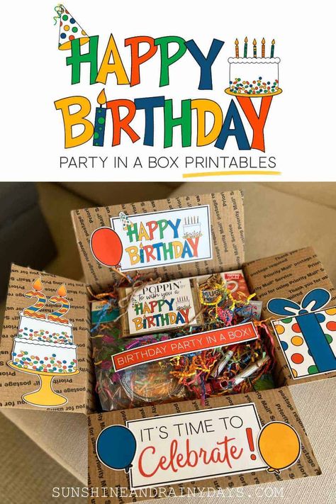 Birthday Box For College Son, Birthday Box For College Daughter, Birthday Party In A Box Ideas, Birthday College Care Package, Birthday Boxes Ideas, Happy Birthday Care Package, Birthday Care Package Ideas For Guys, Birthday In A Box Ideas, Party In A Box Ideas Diy