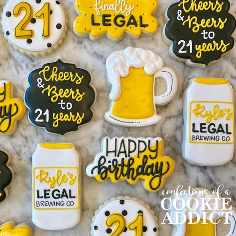 Beer themed 21st birthday cookies Fimo, 21 Birthday Cookies For Guys, Custom Birthday Cookies, 21st Birthday Cookies, 21st Birthday Beer Cake, 21st Birthday Boy, Beer Cookies, Birthday Beer Cake, Guys 21st Birthday