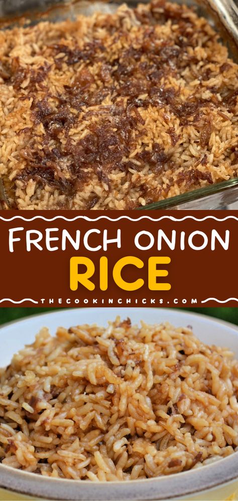 Want more yummy casserole recipes? Learn how to make French Onion Rice! It's easy to do with just 4 ingredients. Rich and creamy, this french onion soup rice is a delicious side dish everyone will love! Essen, Converted Rice Recipes, Recipe Using French Onion Soup, French Onion Rice, Onion Rice Recipe, Rice Recipes Side, Rice Sides, Onion Rice, Rice Dishes Recipes