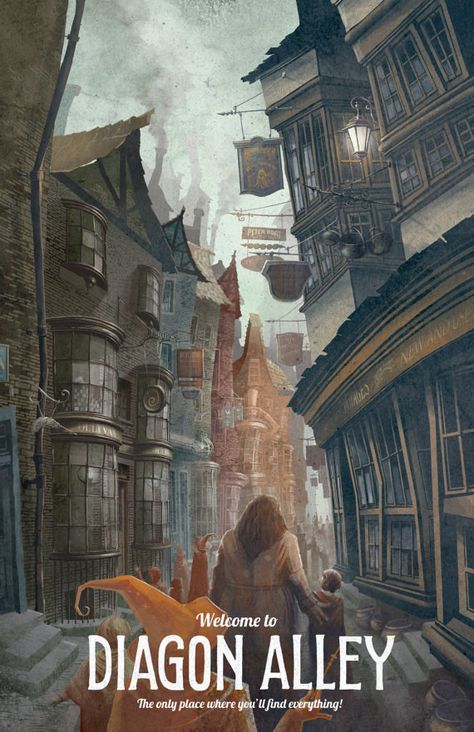 You could shop at Diagon Alley, which is somehow both dark and inviting. Harry Potter Travel Poster, Posters Harry Potter, Fanart Harry Potter, Poster Harry Potter, Corinne Melanie, Hery Potter, Harry Potter Diagon Alley, Harry Potter Travel, Imprimibles Harry Potter