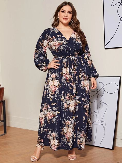 Maxi Dress With Belt, Big Size Dress, Frock Fashion, Old Dresses, Floral Print Fabric, Floral Print Maxi Dress, Dress With Belt, Curve Dresses, Vestido Casual
