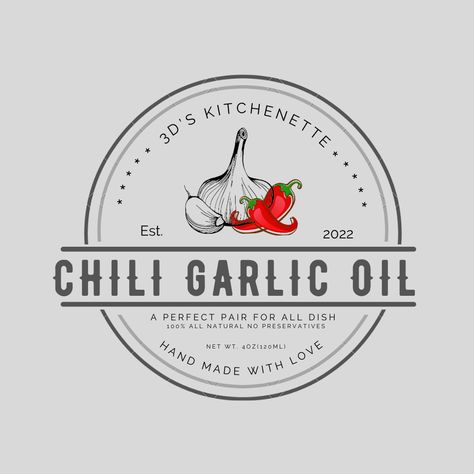 Logos, Chili Garlic Oil Logo Design, Oil Logo, Homemade Hot Sauce, Chef Logo, Garlic Oil, Homemade Chili, Chili Garlic Sauce, Chili Oil