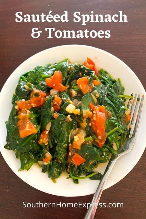 Cooked Spinach And Tomatoes, Sauteed Spinach And Tomatoes, Spinach And Tomato Recipes, Spinach Recipes Sauteed, Spinach Recipes Side, Spinach And Potato Recipes, Spinach Side, Best Potluck Dishes, Spinach Side Dish