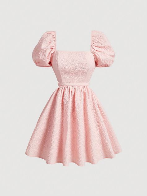 Pink Elegant Collar Short Sleeve Woven Fabric Plain Fit and Flare Embellished Non-Stretch  Women Clothing Dress Country Concert Outfit, Pink Dress Elegant, Party Pink Dress, Boho Dress Formal, Bridgerton Dress, Formal Dresses Wedding, Waist Wedding Dress, Puff Sleeve Short Dresses, Wedding Dress Beach