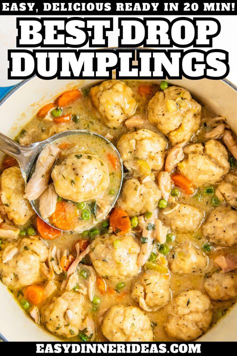 This super easy drop dumplings recipe is a delicious way to upgrade any soup, stew, or casserole you can think of. These fluffy dumplings are soft, pillowy, and absorb all the yummy flavors of whatever dish you add them to. A beginner-friendly homemade dumpling recipe ready in about 20 minutes! Chicken And Dumplings Soup, Chicken And Dumplin Recipe, Easy Chicken Dumpling Recipes, Dumplin Recipe, Dumpling Soup Recipe, Chicken And Dumpling Soup, Easy Dumplings Recipe, Homemade Dumplings Recipe, Dumplings Soup