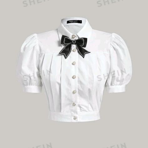 100% Cotton Mod Bow Front Puff Sleeve Fold Pleated Shirt Xs New With Tags Out Of Stock Online White With Black Ribbon And Faux Pearl Gold-Rimmed Buttons. Victorian Edwardian Gothic Goth Mod Preppy Tim Burton Alice Cullen Twilight Style Jestercore Fashion, Vintage Preppy Outfits, Pussybow Blouse Outfit, Victorian Goth Outfits, Black And White Outfit Aesthetic, Cute Button Up Shirts, Alice Cullen Twilight, Twilight Style, Black And White Clothes