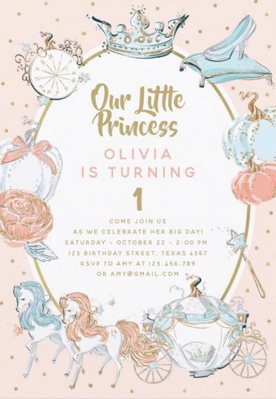 Princess 1st Birthday Party, 1st Birthday Themes Girl, Fairytale Birthday Party, First Birthday Invitation Cards, Princess 1st Birthday, Royal Birthday Party, 1st Birthday Princess, Fairytale Birthday, Princess Birthday Party Invitations