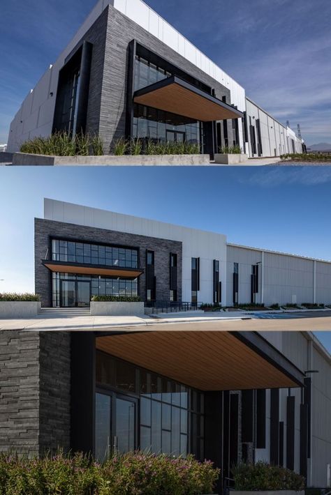 Modern Warehouse Exterior, Industrial Building Exterior, Factory Facade Design, Factory Building Design, Industrial Building Facade, Industrial Building Design, Warehouse Exterior Design, Factory Facade, Warehouse Architecture
