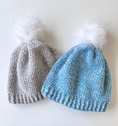 Crochet Hat With Velvet Yarn, Chenille Hat Crochet Pattern, Crochet Patterns For Velvet Yarn, Crochet Velvet Hat, Velvet Crochet Ideas, Crochet With Velvet Yarn, Crocheting Beanies, Velvet Yarn Projects, Crochet Toddler Hat