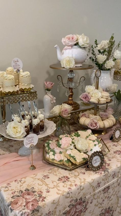 Tea Cup Theme Party, Tea Party For Men, Tea Party Tablescape Modern, Vintage High Tea Decorations, Bridget Ton Tea Party, Rose Gold And Pearls Decorations, Tea Time Party Decoration, Tea Party Entrees, Tea Party Sweet Table