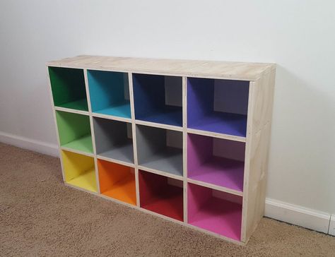 Rainbow Mini Cube Shelf: 4 Steps (with Pictures) Cool Room Inspiration, Rainbow Home Decor Diy, Rainbow Theme Bathroom, Kid Craft Storage Ideas, Painted Cube Shelf, Cube Shelf Ideas, Rainbow Drawers, Rainbow Room Ideas, Rainbow Dresser
