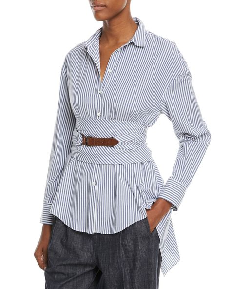 Poplin Blouse, Wrap Belt, Blue And White Dress, African Print Fashion Dresses, African Print Fashion, Refashion Clothes, Cycling Outfit, Striped Blouse, Fashion 2017