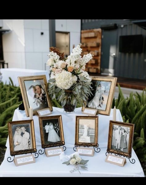 How To Incorporate Pictures In A Wedding, Wedding Centerpiece Arrangements, Family Table Wedding, Generations Of Love Wedding Table, Wedding Entry Table Ideas, Wedding Memory Table, Wedding Photo Table, Modern Industrial Wedding, Memorial Table