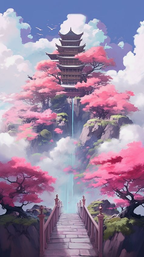 Indulge in the serene beauty of nature with this stunning iPhone wallpaper featuring a Japanese temple and waterfall, surrounded by pink cherry blossom trees and soft colors, in the style of anime art. Perfect for those who love a peaceful and calming aesthetic. Use it to elevate your iPhone background and add a touch of tranquility to your daily routine. Download now and enjoy this beautiful wallpaper iphone on your screen! #imagineboards Japanese Wallpaper Cherry Blossoms, Japanese Cherry Blossom Wallpaper Iphone, Aesthetic Bedroom Art, Japanese Cartoon Wallpaper, Japanese Cute Wallpaper, Japanese Pink Aesthetic, Wallpaper Aesthetic Japanese, Cherry Blossom Phone Wallpaper, Japanese Iphone Wallpaper