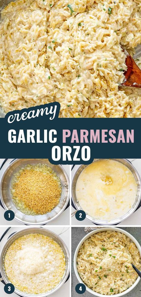 Whip up this Creamy Garlic Parmesan Orzo in just 15 minutes! Perfect as a hearty side or a comforting main, this dish combines cheesy, garlicky goodness with the simplest prep ever. #QuickComfortFood Garlic Parmesan Orzo Recipe, 15 Minute Pasta, Creamy Pasta Soup, Creamy Cheesy Pasta Recipes, Best Orzo Recipes, Orzo Sides, Orzo Pasta Recipes Side Dishes, Orzo Side Dish Recipes, Orzo Meals