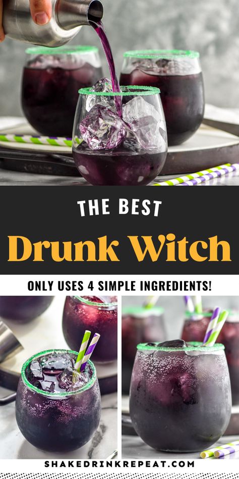 October Alcohol Drinks, Halloween Mix Drinks Alcohol, Purple Halloween Drinks Alcohol, Witch Alcoholic Drinks, Halloween Themed Mixed Drinks, Witch’s Brew Cocktail, Purple Halloween Drink, Witch Cocktail Halloween Drinks, Witch Themed Cocktails