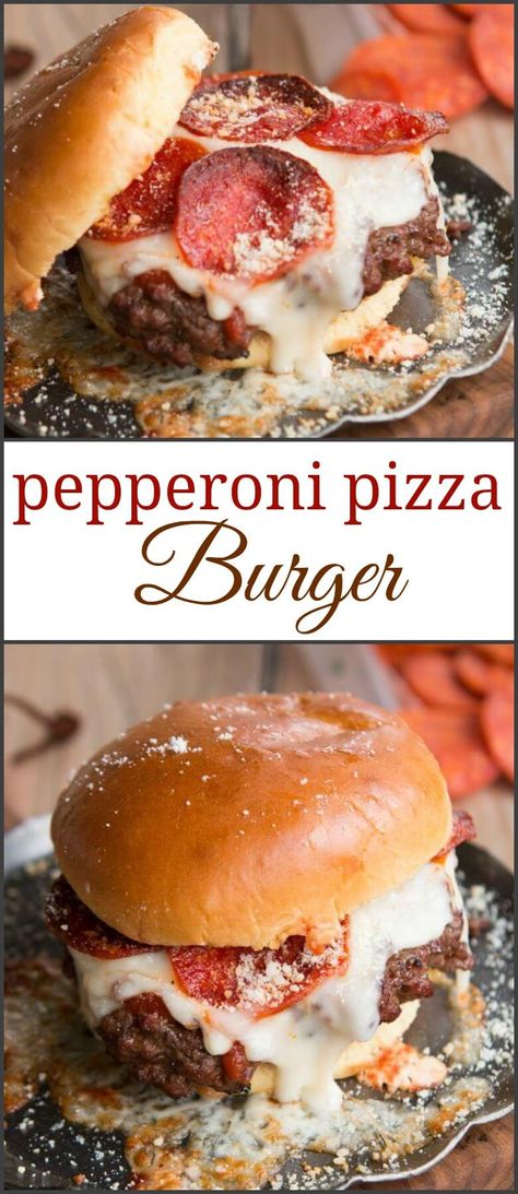 Pepperoni Burger, Burger Ideas Creative, Pizza Burger Recipe, Donut Burger, Pizza Burgers Recipe, Unique Burger Recipes, Pepperoni And Mozzarella, Italian Burger, Pizza Hamburger