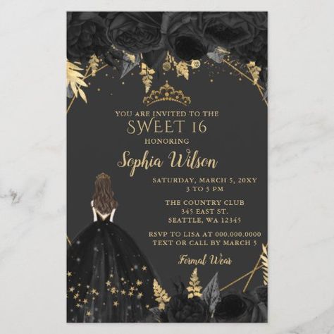 $1.48 | Budget Black Gold Princess SWEET 16 Invitation #sweet 16, dress, gown, gold, tiara, vintage, black, black gold sweet 16 invitation, princess sweet 16 invitation, princess Roaring 20s Sweet 16, Black Quinceanera Theme, Halloween Sweet 16, Gold Quinceanera Theme, Princess Sweet 16, Black And Gold Invitations, 15th Birthday Party Ideas, Quinceanera Themes Dresses, Dress Invitations