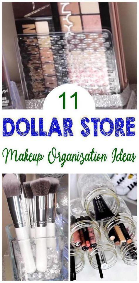 11 Dollar Store Makeup Organization Ideas! Cheap & easy DIY Dollar Tree hacks for storage and orgnazation for makeup & beauty products. Makeup brush storage, eye shadow palettes, blush, single eyeshadows, concealer and more. Come check out the BEST Dollar Store #hacks. Number 1 is my favorite Dollar Store makeup organization idea :) Makeup Brushes Storage Ideas, Makeup Pallet Organization Ideas, Shelf For Makeup Organization Ideas, Diy Beauty Organization, Organizing My Makeup Vanity, How To Organize Eyeshadow Palettes, Easy Diy Makeup Vanity, Diy Eyeshadow Palette Organizer, Makeup Organization Diy Dollar Stores