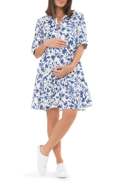 Stay looking and feeling your best throughout your pregnancy and beyond in this breezy shirtdress with a twirly silhouette patterned in blue flowers. Buttons at the front make nursing discreet and easy after baby arrives, while the breezy linen-blend keeps you cool throughout the warmer months. Front button closure Spread collar Short sleeves 55% linen, 45% viscose Hand wash, dry flat Imported Casual Fridays, Linen Maternity, Easy Wear Dresses, Maternity Shirt Dress, White Maternity Dresses, Party Kleidung, Shower Dresses, Nursing Friendly, Stylish Maternity
