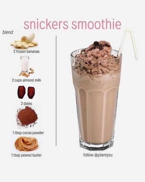 Snickers Smoothie, Vegan Shakes, Vegan Chocolate Recipes, Resep Smoothie, Fruit Smoothie Recipes Healthy, Smoothie Recipes Healthy Breakfast, Easy Healthy Smoothies, Best Smoothie Recipes, Healthy Drinks Smoothies