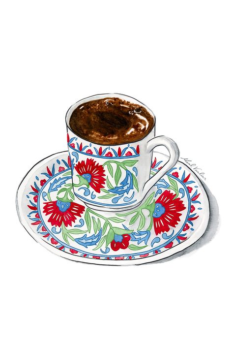 Watercolor Art Coffee Cup, Watercolor Coffee Cup Painting, Food Art Painting Illustration, Turkish Food Illustration, Arab Illustration Art, Arabic Coffee Illustration, Arabic Food Illustration, Coffee Illustration Artworks, Arabic Drinks