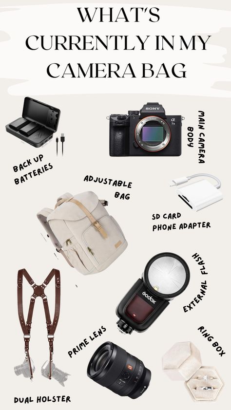Description: "Curious to know what's packed inside my trusty 6-figure camera bag as a wedding photographer? 🤔📸 From my game-changing Sony camera body to versatile lenses and backup Nikon gear, I spill the beans on all the tools that help me capture pure magic! Don't miss this epic peek into my photography kit and get ready to level up your own gear game! #PhotographyGear #CameraBagEssentials #WeddingPhotographer" Nikon Essential Lenses, Best Cameras For Sports Photography, Sony Camera Photography, Sony Zv-e10 Aesthetic, Camera Bag Aesthetic, Photographer Outfit What To Wear, Camera Equipment Storage, Diy Camera Bag, Photography Gear Storage