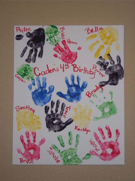 Hand Prints of all the kids at my son's 4th Birthday Party!! The kids loved it! Art And Crafts Birthday Party Ideas, Paint Party Birthday Shirt, Kids Paint Birthday Party, I’m A Handful Birthday Party, Paint Party Decorations For Kids, Art Party Kids Birthday, Toddler Paint Party, Kid Paint Party, Painting Birthday Party Ideas