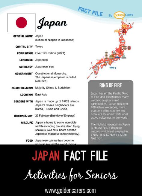 Japan Fact File: An attractive one-page fact file all about the Japan. Print, distribute and discuss! Japan School Project Ideas, Japan Facts For Kids, Japan Geography, Japan For Kids, Facts About Japan, Japan Facts, History Of Japan, Cover Page For Project, Country Study