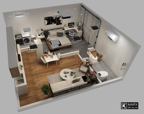 ArtStation - Small 1 Bedroom Unit Bedroom With Mini Living Room, Small House Layout 1 Bedroom, Apartment Layout 1 Bed, Three Bedroom Apartment Floor Plans, One Bedroom Apartment Layout, Floor Plans Apartment, Condo Interior Design Small, Small Apartment Floor Plans, Small Apartment House