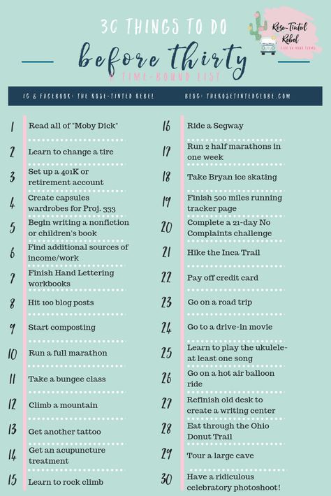 Besides accomplishing each of the 30 items on the list obviously, I am also looking forward to what happens when I’m time-bound to complete things. The majority of the items on my list are things that I’ve always wanted to do or have been thinking about for a long time. Why haven’t I done them yet? Because there hasn’t been any reason to do them. Things I’ve Done List, Things To Do Before 30 Women, To Do Before 30, 20 Before 20 List, 20 Things To Do Before 20, 300 Things I Want List, What Do I Want For My Birthday, Things To Look Forward To, Bucket List Before 30