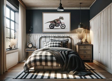 Boys Bedroom Full Bed, Lighting Mcqueen Bedroom, Sophisticated Boys Room, Dirt Bike Room For Boys, Boy Furniture Bedroom, Young Boys Room Ideas, Cool Boys Room Ideas, Boy Dinosaur Room, Boys Room Artwork