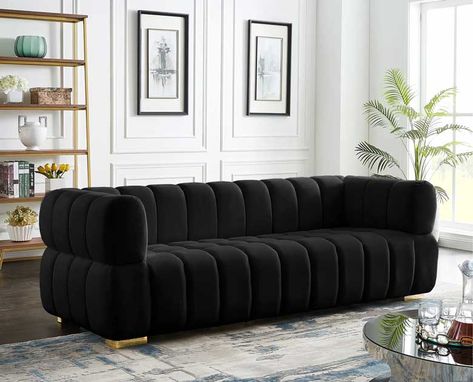 12 Black Velvet Sofas for a Stylish Living Space | 10 Stunning Homes Black Velvet Tufted Sofa, Black Velvet Furniture, Lounge Black Sofa, Black Velvet Sofa Living Rooms, Black Velvet Couch Living Rooms, Black Tufted Couch, Black Sofa Decor Ideas, Black Velvet Couch, Black Sofa Decor