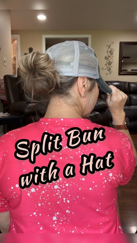 Ball Cap Hairstyles Long, Cute Ball Cap Hairstyles, Low Bun With Hat, Hairstyles For Baseball Cap, Hairstyles With Ball Caps, Hair With Baseball Hat, Ballcap Hairstyles, Ponytail With Hat, Ball Cap Hair