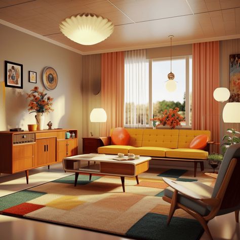 Living Room 60s Modern, 1950s Color Palette Interior Design, Retro Living Room 1960s, 60s Style Interior, Old School Interior Design, 1950 House Interior, 50s Style Living Room, Atomic Living Room, 60s Furniture 1960s Interior Design