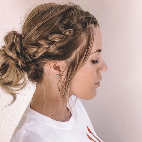 AMANDA PINKEL on Instagram: “Just threw together this messy bun braid!! My hair is dirty, full of dry shampoo, & ready for a bun (#momlife) 🙈 Also #storyofmylife but…” Braid With Messy Bun Half Up, Double Braid Low Bun, Messy Bun With Plait, Braids To Messy Bun, Cute Hairstyles Buns And Braids, Bun Braid Tutorial, Low Messy Bun With Braid Tutorials, Braids With Buns Half Up, Braid To Messy Bun