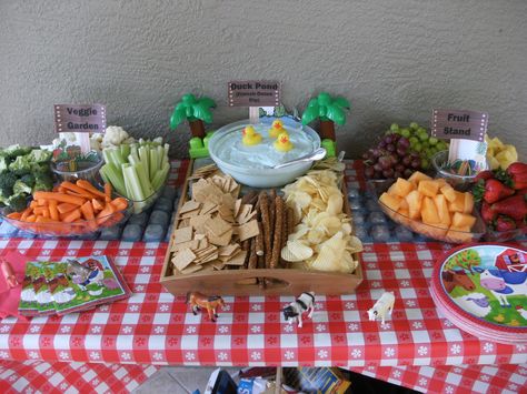 Farm Birthday Party Food-  Veggie Garden Fruit Stand Duck Pond (french onion dip with blue food coloring and toy ducks) Duck Themed Party Food, Duck Party Food, Ducky Party, One Lucky Duck, Rubber Ducky Party, Rubber Duck Birthday, Duck Party, Garden Fruit, Duck Birthday