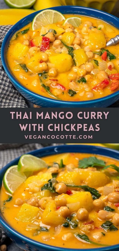 Thai Mango Curry with Chickpeas Sweet Potato Tofu Chickpea Curry, Vegan Sweet Potato Chickpea Curry, Chickpea Sweet Potato Recipes, Sweet Potato And Chickpeas Recipes, Chickpea And Potato Curry Indian, Vegan Sweet Potato Crockpot Recipes, Sweet Potatoes Curry Recipes, Chickpea Curry Meal Prep, Sweet Potato Chick Pea Recipe