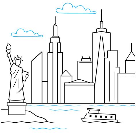 How to Draw the New York Skyline Step 09 New York City Drawing Easy, Skyline Sketch Cityscapes, New York Simple Drawing, How To Draw New York, New York Sketch Easy, City Scape Drawing Easy, Nyc Painting Easy, New York Painting Easy, Times Square Drawing