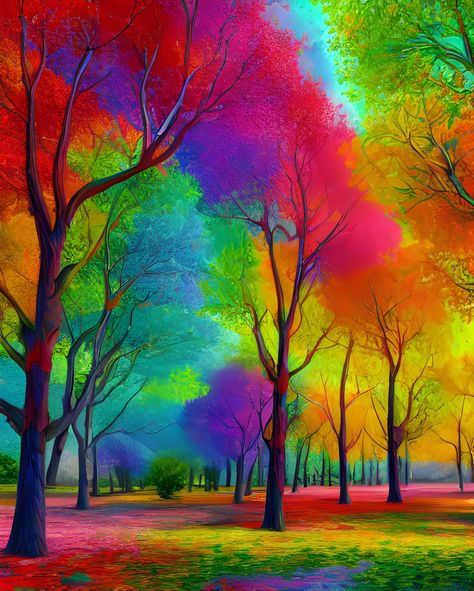 Rainbow Art Aesthetic, Sandy Landscape, Rainbow Pics, Colorful Scenery, Rainbow Trees, Rainbow Colors Art, Exterior Murals, Rainbow Images, Rainbow Pictures