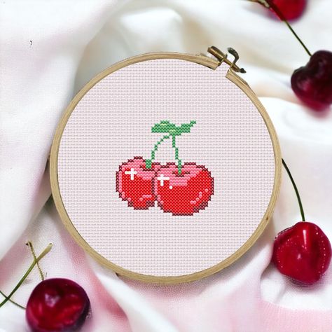 Peach Cross Stitch Pattern, Cherry Pixel Art, Cherry Cross Stitch, Pixel Art Mini, Hobbies Aesthetic, Floss Crafts, Embroidery Floss Crafts, Stitch Cute, Unique Cross Stitch