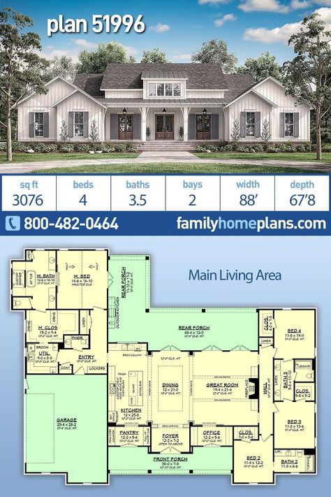 American Style House, House Plans Open Floor, Southern Style House Plans, Craftsman Farmhouse, Country Craftsman, 4 Bedroom House Plans, Farmhouse Style House Plans, Casa Exterior, Family House Plans