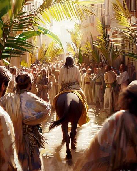 The disciples went and did as Jesus had instructed them. They brought the donkey and the colt and placed their cloaks on them for Jesus to sit on. A very large crowd spread their cloaks on the road, while others cut branches from the trees and spread them on the road. The crowds that went ahead of him and those that followed shouted, “Hosanna to the Son of David!” “Blessed is he who comes in the name of the Lord!” “Hosanna in the highest heaven!” When Jesus entered Jerusalem, the whole city w... Jesus Tree, Hosanna In The Highest, Son Of David, Large Crowd, Prophetic Art, Palm Sunday, Biblical Art, Jesus Lives, The Donkey