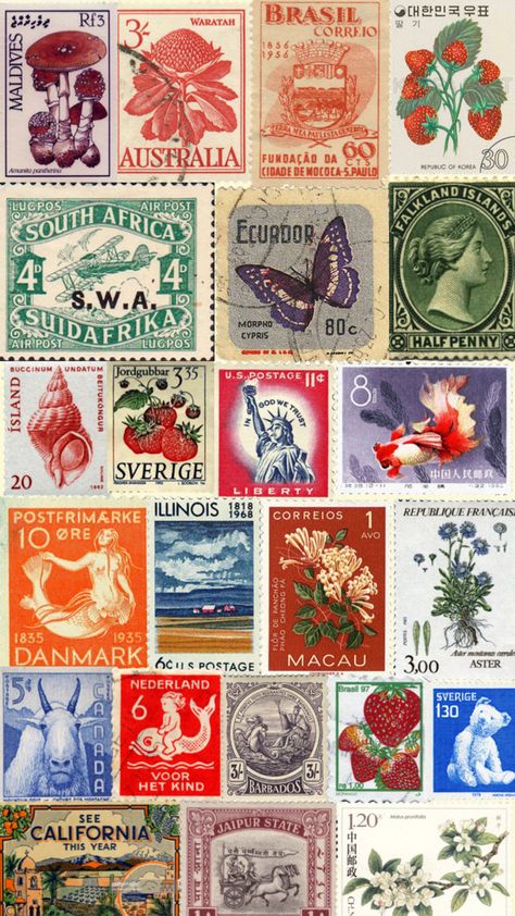Postage Stamps Collage, Postage Stamps Crafts, Stamps Postage, Postage Stamp Design, Postal Vintage, Postcard Stamps, Collage Aesthetic, Postage Stamp Art, Scrapbook Stickers Printable
