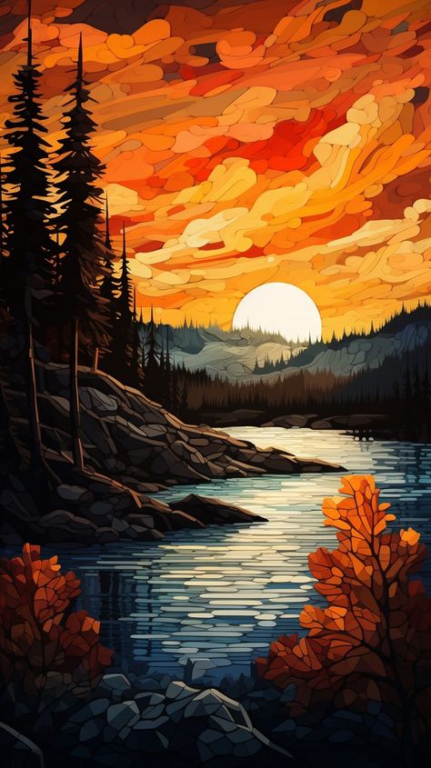 Sunset, screensaver for phone, orange sunset, river, mountains, picture, wallpaper, 4k Orange Landscape Painting, Sunset Screensaver, Orange Scenery, Orange And Blue Wallpaper, Sunset In The Mountains, Transgender Bride, Bull Painting, Illustration Art Kids, Orange Painting